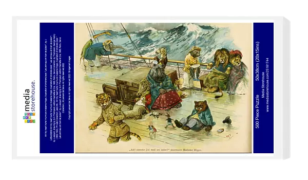 Ah! My heart hurts! murmure madame Hippo, illustration of childrens book 'Les animaux en train de plaisir', by J. Jacquin, drawing by G. H. Thompson, edition Hachette et Cie, 1885, Paris. Selva Collection