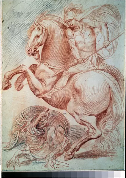 'Saint georges terrassant le dragon'(Saint George and the Dragon) Dessin a la sanguine de Giuseppe Cesari (1568-1640) 17eme siecle Musee Pouchkine, Moscou