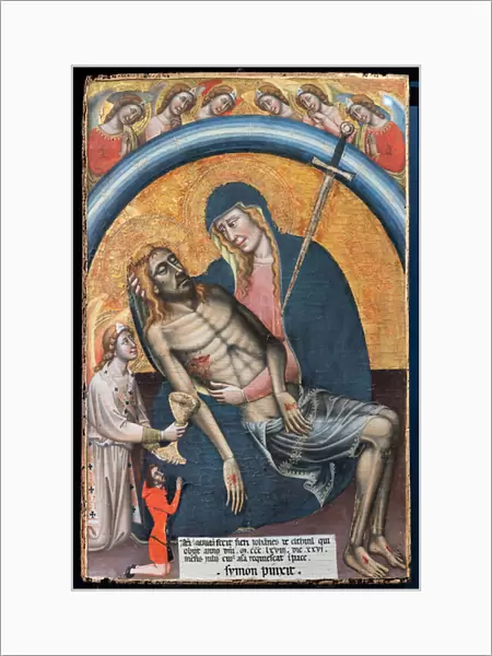 Lamentation over the dead Christ with the client, Iohannes de Elthinl, by Simone dei Crocifissi, c. 1368. The Virgin is represented as Our Lady of Sorrows, with a sword in her heart