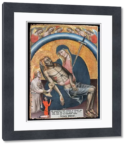 Lamentation over the dead Christ with the client, Iohannes de Elthinl, by Simone dei Crocifissi, c. 1368. The Virgin is represented as Our Lady of Sorrows, with a sword in her heart