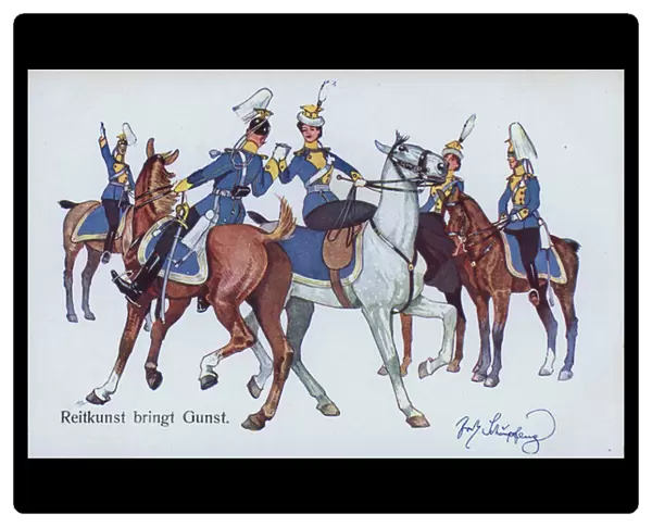 Horsemanship brings favour, German humorous military postcard (colour litho)