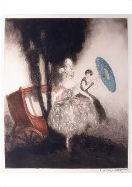 Two Girls Preparing to Enter a Carriage, (colour etching)