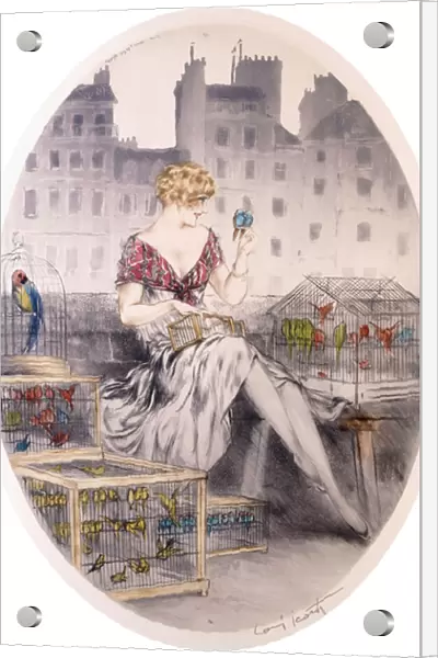 Girl with Budgerigars, c. 1920s-30s (colour etching)