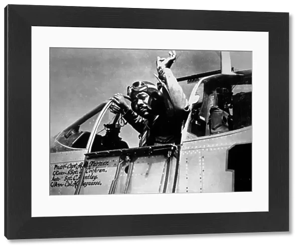African-American pilot Capt Andrew D. Turner taking off in his Mustang plane, September 1944 (b  /  w photo)