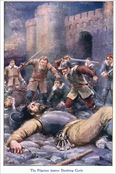 The Pilgrims destroy Doubting Castle, from The Pilgrims Progress published by John F Shaw & Co, c. 1900s (colour litho)