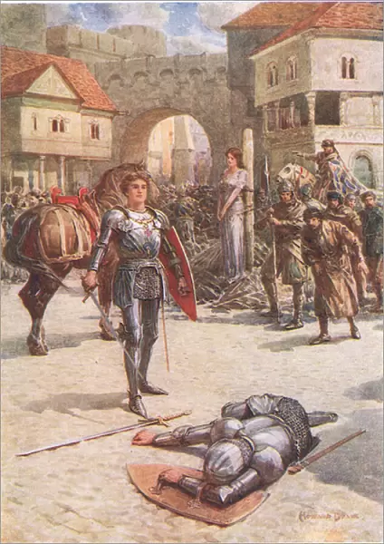 The proud Earl of Coventry lay dead, from St. George to the Rescue, The Seven Champions of Christendom, by Rose Yeatman Woolf, published by Raphael Tuck, 1920s (colour litho)