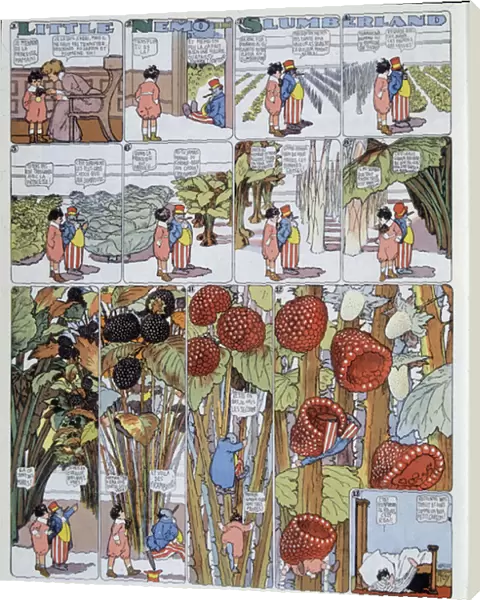 Nemo and Giant Fruits. illustration by Winsor McCay (1867-1934) in 'Little Nemo in Slumberland'of 26  /  07  /  1908 - 'Little Nemo in the Land of Dreams'
