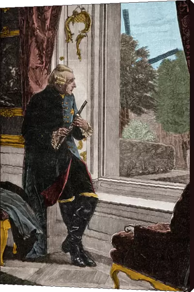 The king at the flute - FREDERICK II (1712-1786) Known as Frederick the Great King of Prussia, 1740-1786 - (Frederic II of Prussia called Frederic le Grand) at Sans-Souci (Sanssouci) palace after painting by Adalbert von Roessler