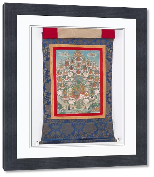 Mahashri Tara and the Twenty-one Taras, 19th century (mineral pigments on sized cotton, with Chinese brocade mounts and metal roller knobs)