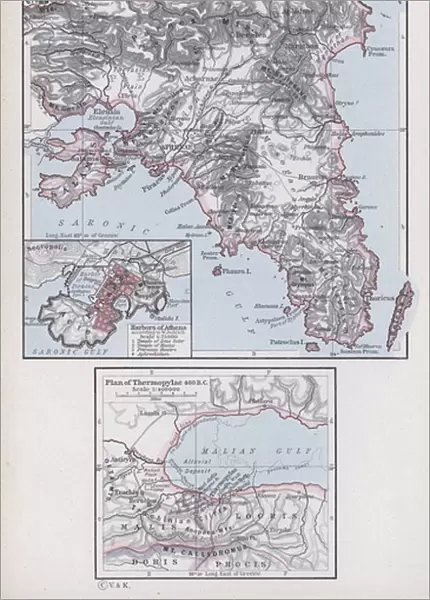 Reference Map of Attica; Plan of Thermopylae (colour litho)