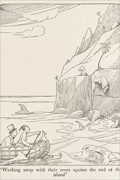 'Working away with their noses against the end of the island'illustration from The Voyages of Doctor Dolittle, 1922