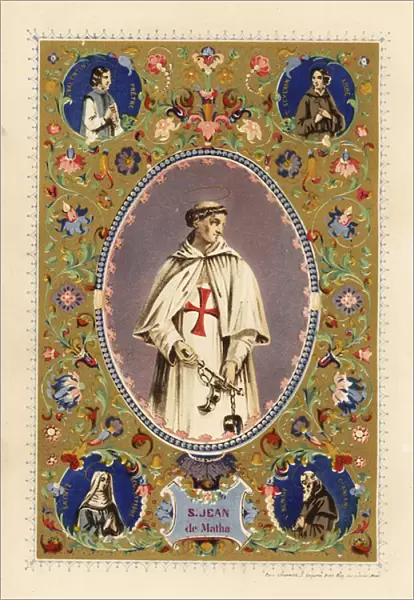 Portrait of Saint John of Matha, founder of the Order of the Most Holy Trinity, with halo, in Crusader robes, holding shackles of freed Christians
