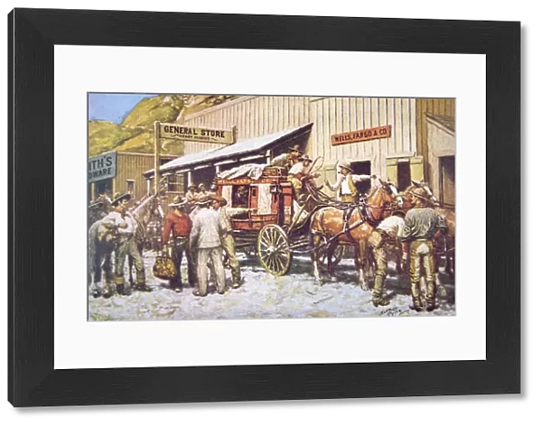 A Wells Fargo & Co. Stagecoach in a western town, 1948 (colour litho)