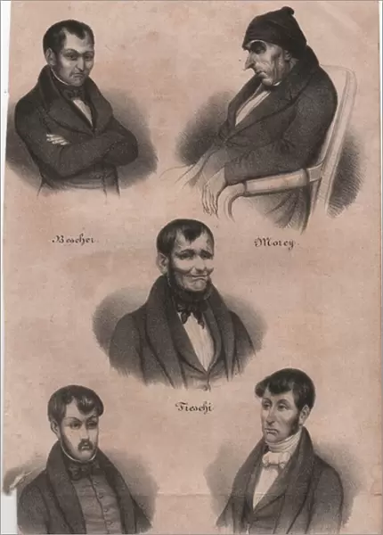 Bescher, Morey, Fieschi, Boireau, Pepin, 1836 (engraving)