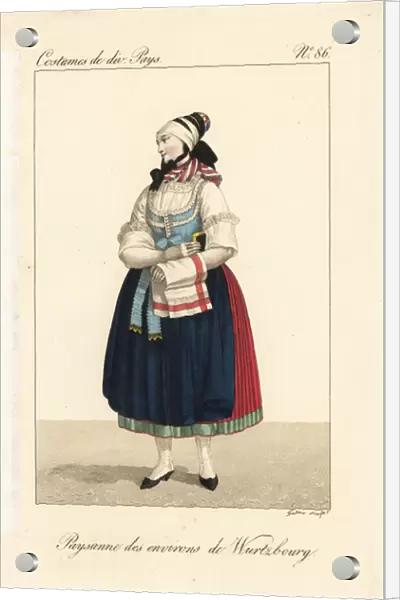 Peasant girl of the environs of Wurtzburg, Franconia, Germany, 19th century. The headband covers the elegance of the bonnet, and the fichu is bunched up around the throat. She wears an apron over pleated petticoats