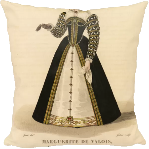 Margarita of Navarre, sister of King Francis I, 1492-1549. (Titled Margurite de Valois in error. ) She wears a cap of ribbons decorated with jewels and pearls, a dress with puffed and slashed sleeves, tight bodice, ruff collar