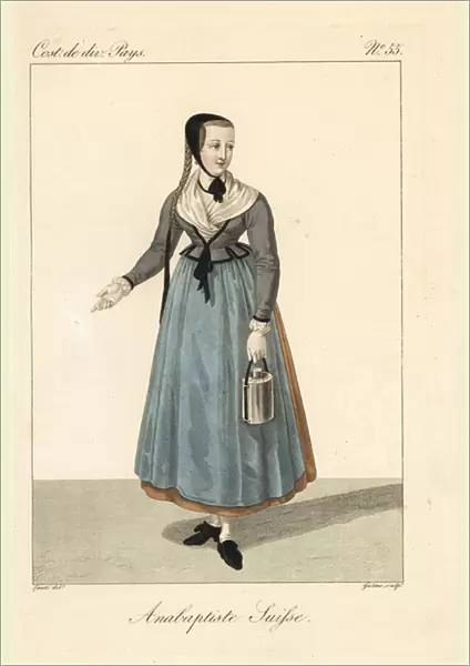 Anabaptist milkmaid of the Canton of Basel, Switzerland, 19th century. She carries a pail of milk and wears a simple cornette cap, braided hair tied with a ribbon