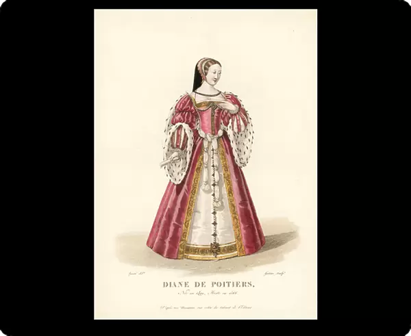 Diane of Poitiers, mistress of King Henry II of France, 1499-1566. She wears a chaperon headress that ties under the chin, pink velvet especially with puffed and slashed sleeves trimmed with ermine, a knotted belt