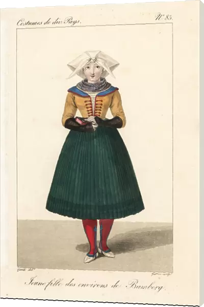 Young girl from the environs of Bamberg, Franconia, Germany, 19th century. In her Sunday clothes on her way to church, holding a prayer book, with her throat covered by a scarf, and her hair covered by a folded fichu