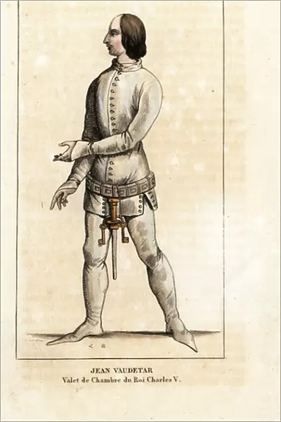Jean de Vaudetar, chamberlain to King Charles V, 14th century. He wears a simple white buttoned tunic and stockings, with dagger and keys hanging from his belt. From the Gaignieres collection