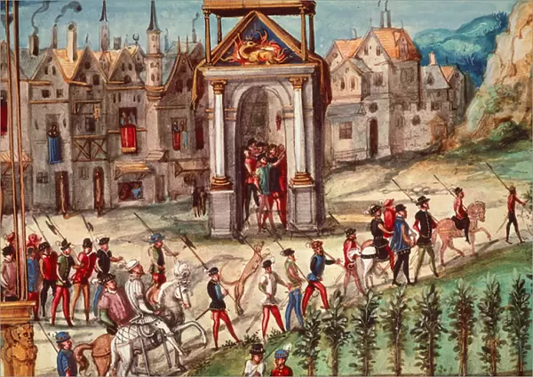 The Royal Entry Festival of Henri II (1519-59) into Rouen, 1st October 1550 (pen, ink and w  /  c)