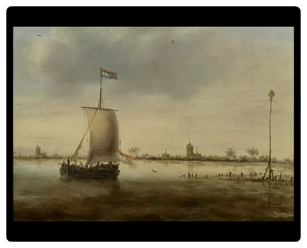A Sailing Ship Along the Coast of a Dutch Town thought to be Schoonhoven, 1640-76 (oil on panel)