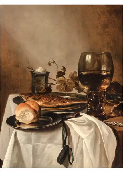 A Roll, Herring, Silver Saltcellar, Large Roemer and Knife on a Draped Table, c. 1644 (oil on panel)