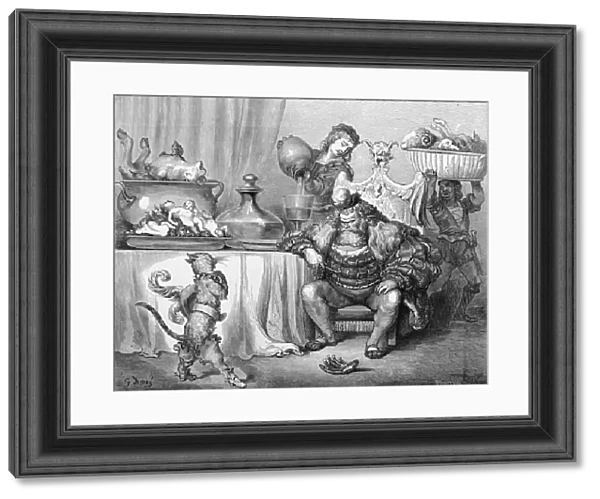 The Ogre receives the cat, illustration for Puss in Boots by Charles Perrault (1628-1703) 1883 (engraving)