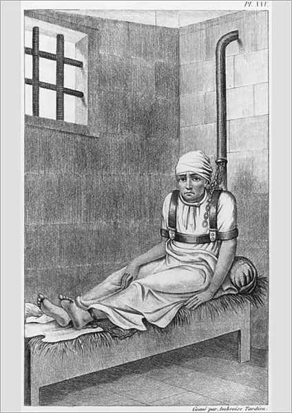 Chained insane at Bedlam, illustration from Des Maladies Mentales considerees sous le rapport medical, hygienique et medico-legal by Etienne Esquirol (1772-1840) plate XXV, 1838 (engraving) (b  /  w photo)