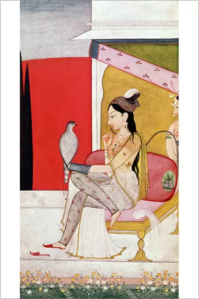 Lady with a Hawk, Pahari Style, Punjab Hills, c. 1750 (paint on paper)