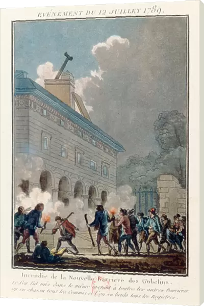 Setting fire to the Wall of the Fermiers Generaux in Paris on 12 July, 1789 (coloured engraving)