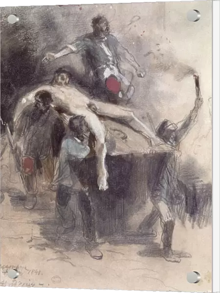 Men carrying away a corpse, 23rd February 1848 (gouache)