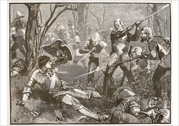 The death of the King Maker at the Battle of Barnet, c. 1880, illustration from Cassells Illustrated History of England (engraving) (sepia photo)