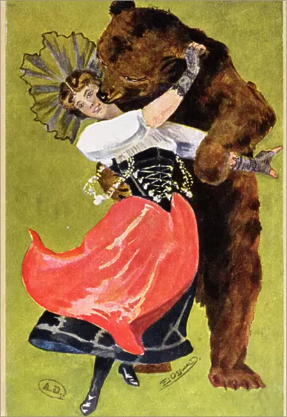 Postcard from Bern depicting a woman and a bear, c. 1900 (colour litho)