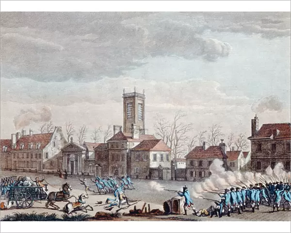 Battle in front of the Eglise de la Chapelle, Paris. between the guardians of the barriers of the Fermiers Generaux and the revolutionaries on 24 January, 1791, c. 1795 (coloured engraving)