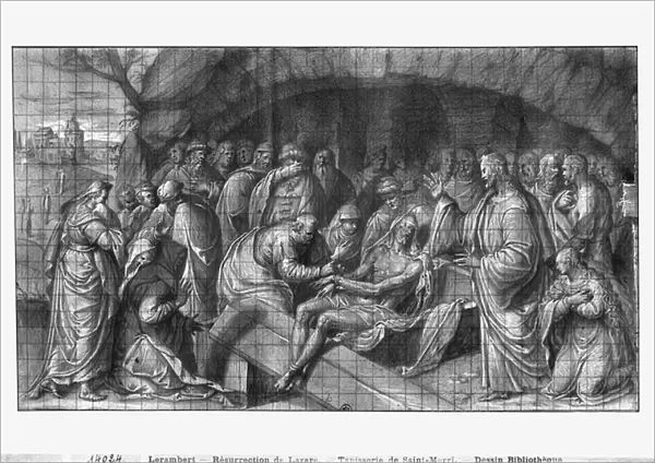 Life of Christ, Christ rising Lazarus from the Dead, preparatory study of tapestry cartoon for the Church Saint-Merri in Paris, c. 1585-90 (pierre noire & wash & white highlights on paper)