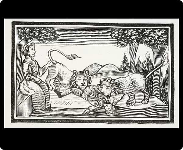 Two lions eat Sabras servant, illustration from Chap-books of the Eighteenth Century by John Ashton, pub. 1882 (litho)