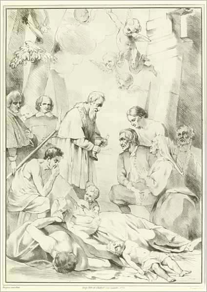 St Macarius of Ghent Giving Aid to the Plague Victims (engraving)