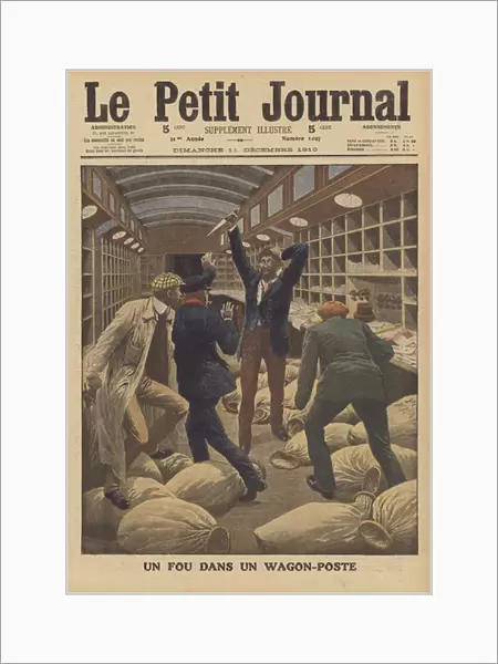 A madman in a mail carriage on a train arriving in Paris (colour litho)