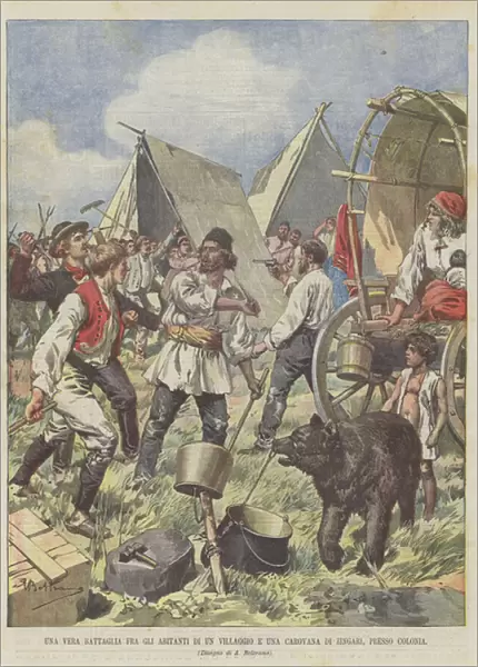 A Real Battle Between The Villagers And A Gypsy Caravan, Near Cologne (colour litho)
