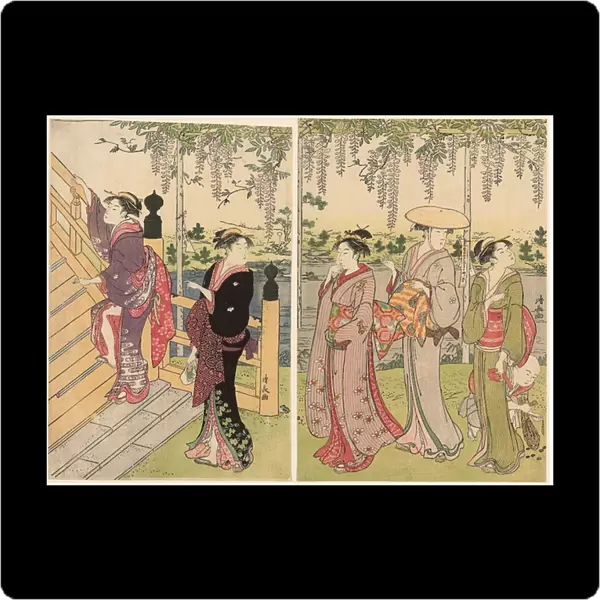 Admiring the wisteria at the Kameido Shrine, 1781-91 (colour woodblock print; oban diptych)