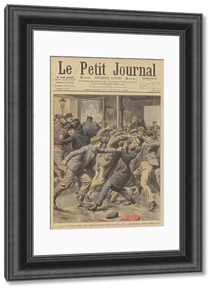 An off-duty policeman attacked by a group of men leaving the screening of an antimilitarist film... (colour litho)