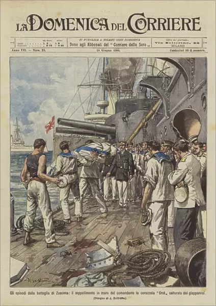 The episodes of the Battle of Zuscima, the burial at sea of the commander, the battleship Orel... (colour litho)