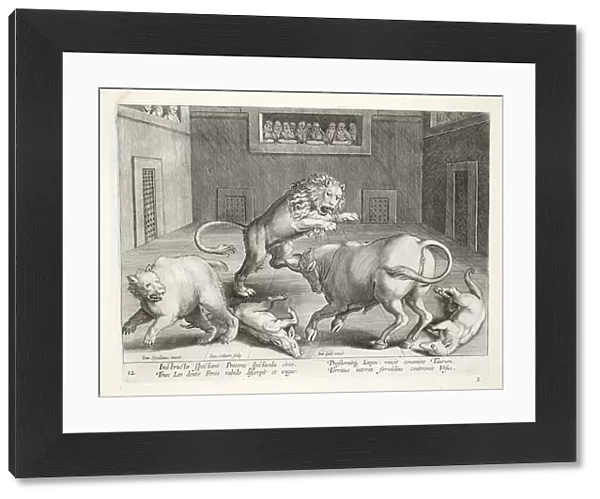 Noblemen watch combat of wild beasts in an indoor circus, illustration from Venationes, Ferarum, Avium, Piscium (Of Hunting: Wild Beasts, Birds, Fish), engraved by Jan Collaert (1566-1628), pub. by Phillipus Gallaeus, Amsterdam (engraving)