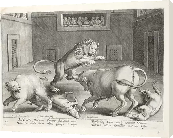 Noblemen watch combat of wild beasts in an indoor circus, illustration from Venationes, Ferarum, Avium, Piscium (Of Hunting: Wild Beasts, Birds, Fish), engraved by Jan Collaert (1566-1628), pub. by Phillipus Gallaeus, Amsterdam (engraving)