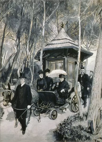 Queen Victoria riding in a mule carriage with John Brown in attendance (grisaille)