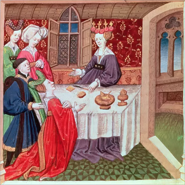 Isolde pleading with Queen Guinevere for protection, Roman du Chevalier Tristan, 15th century (vellum)