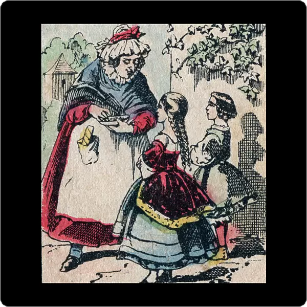 Le Pere Fouettard, french character for the whipping father, legendary figure of folklore punishing the naughty children: his wife, La Mere Fouettard the whipping mother, gives sweets to children - Epinal picture, 19th century (engraving)