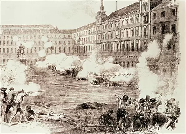 Disturbances in Madrid: Skirmish in the Main Square between Two Infantry Companies and a Guardia Civil Squad Against the Insurgents, 5th August 1854 (pen & ink on paper)