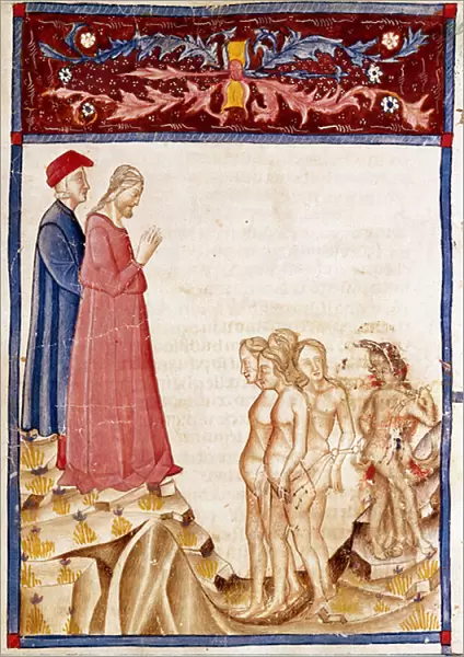 Circle of Traitors: Dante and Virgil meet the souls of the traitors of benefactors. Illuminated page illustrating the 34th song of Hell draws from the 'Divina Commedia'by Dante Alighieri (1265-1321)